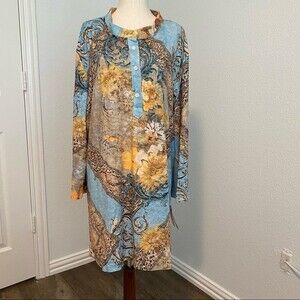 NWT  Paris IQ Blue Tan Floral Paisley Design Tunic Button Front Lightweight 1X
